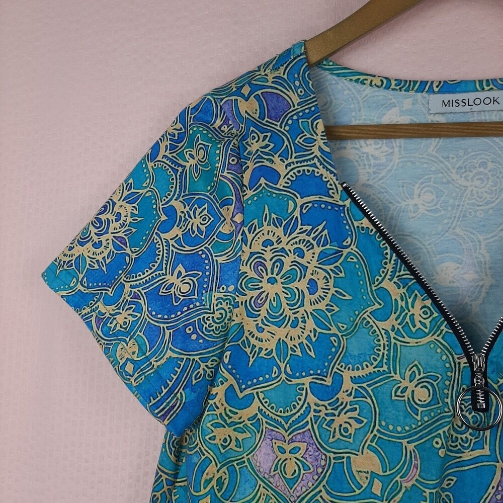 Misslook Women T Shirt Blue Floral Top Zip V Neck Short Sleeve Cotton Blend Sz S - Picture 7 of 12